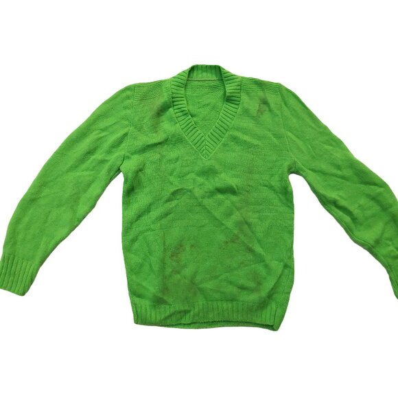 Vintage 1940s-1950s Bright Green Long Sleeve Knit V-Neck Sweater - Picture 1 of 13